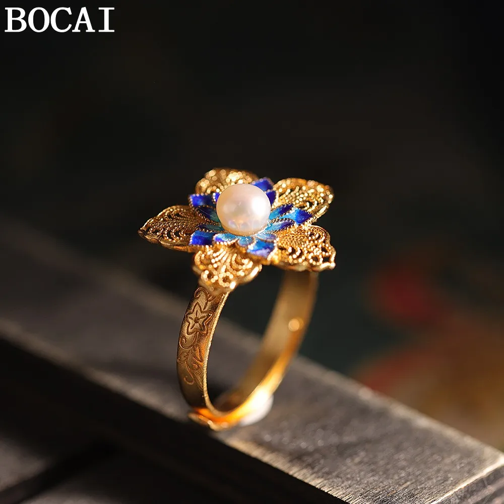 

Кольцо BOCAI S925 из серебра с позолотой и жемчугом синего цвета для женщин: модный и роскошный стиль