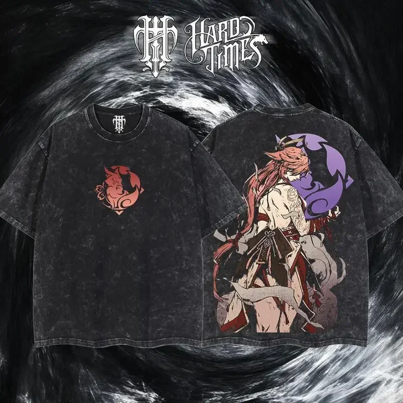 HardTimesClothing yae miko genshin impact v2 Retro Vintage Comfort T-shirt, Double-Sided Graphic Tee, Unisex Casual Comfort T-sh
