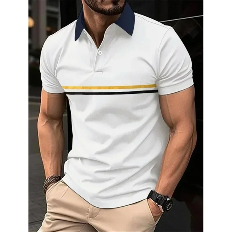 High quality men's fashion horizontal strip lapel POLO shirt button long sleeve comfortable high-end business casual sports polo
