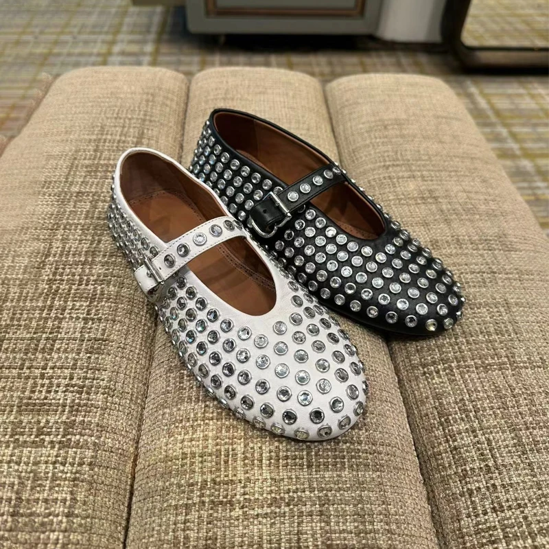 

Retro Genuine Leather Mary Jane Flat Bot Ballet oes New Sle Nail Head Rhinestone Simple Design Women's Faion Single ...