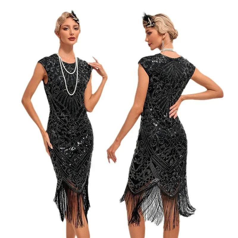 1920s Retro świetny imprezowa, koktajlowa Gatsby bankiet duża sukienka Charleston Dance Dress frędzle, cekin sukienka