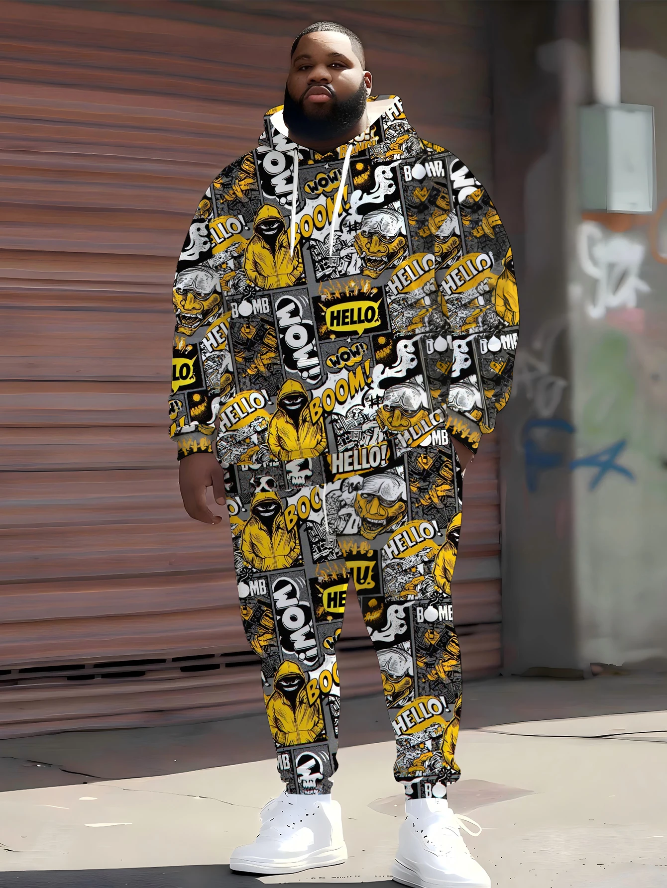 

2025 Trendy Oversized Hoodie & Joggers - Street Graffiti Design, Breathable Sportswear