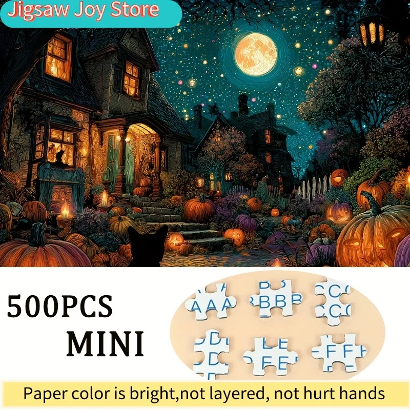 1 boîte (500 pièces) de puzzles pour adultes, cabane de citrouille au clair de lune, pour jeux de société et activités - Mosaïque de couleurs mélangées enchanteuse 1