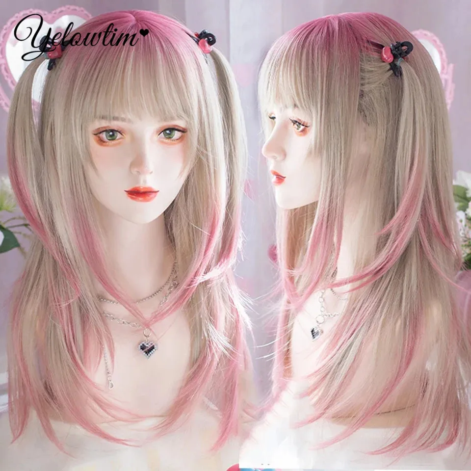 Yelowt Lange Natuurlijke Golvende Platina Blonde Roze Pruiken Met Pony Cosplay Party Lolita Synthetische Pruiken Voor Vrouwen Hittebestendige Vezels