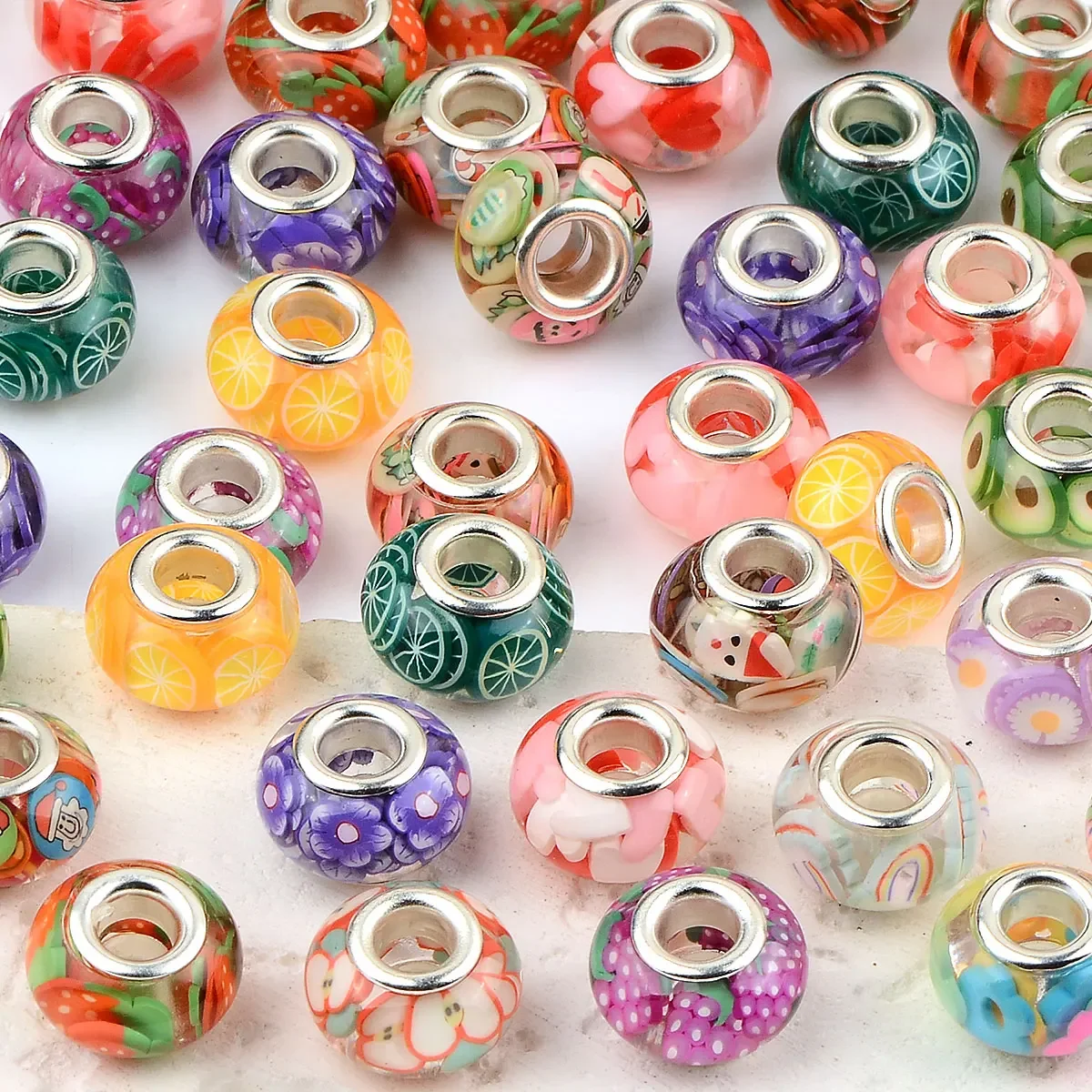 0.8x1.4cm 15pcs Random Color Mix Polymer Clay Fruit Slices Big Hole Acrylic Beads For Jewelry Making DIY Bracelet Accessories