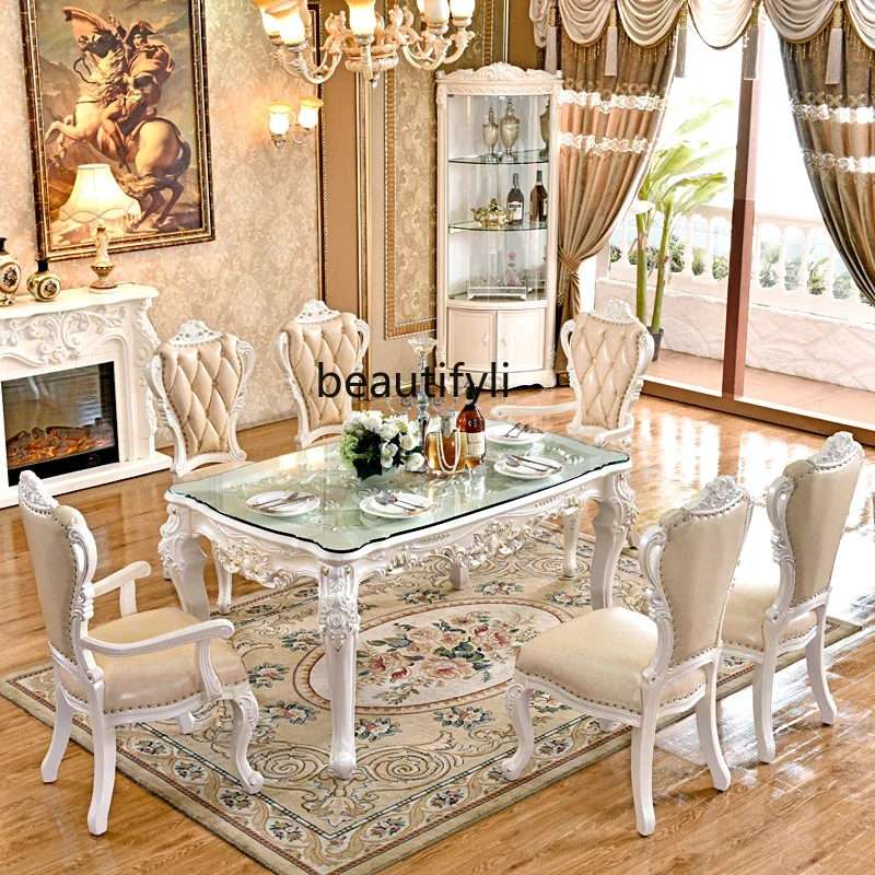

European dining table American villa solid wood square table marble surface, dining room furniture square dining table2936
