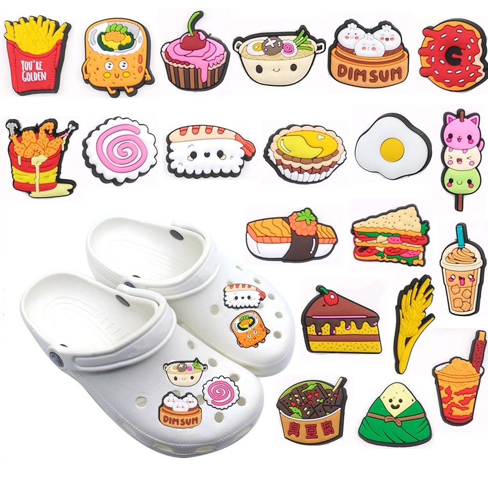 1-20Pcs Food Shoes Charms Buckle Jibz Noodles PVC Fried Chicken Cake Cookies Donuts Shoe Charms for Shoes Decoration Accessories