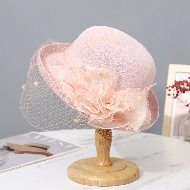 Summer Women Mesh Bucket Hat Noble Style Rolled Brim Floral Fascinator Hat British Elegant Ladies Breathable Sun Hats