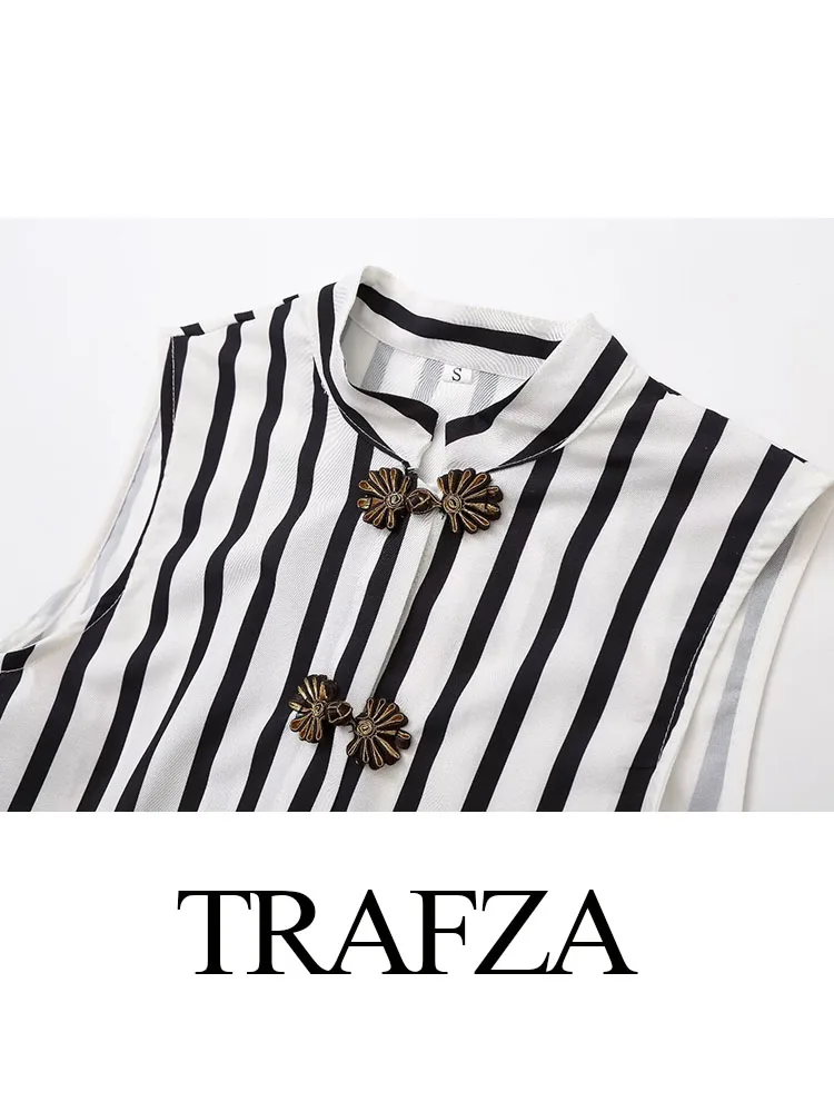 TRAFZA Summer Women Elegant Suits Stripe Printing Sleeveless Lace-Up Decorate Blouses+Button Pocket Casual Wide Leg Pants Mujer