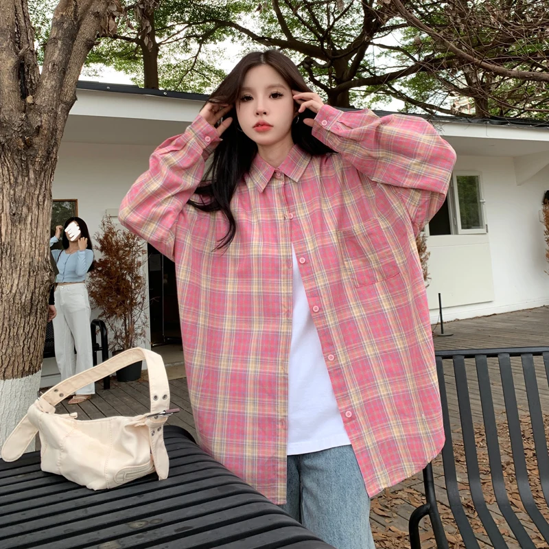 Plaid Shirts Women Clothing Sweet Streetwear Korean Style Baggy Youthful Long Sleeve All-match Casual College Vintage Daily New