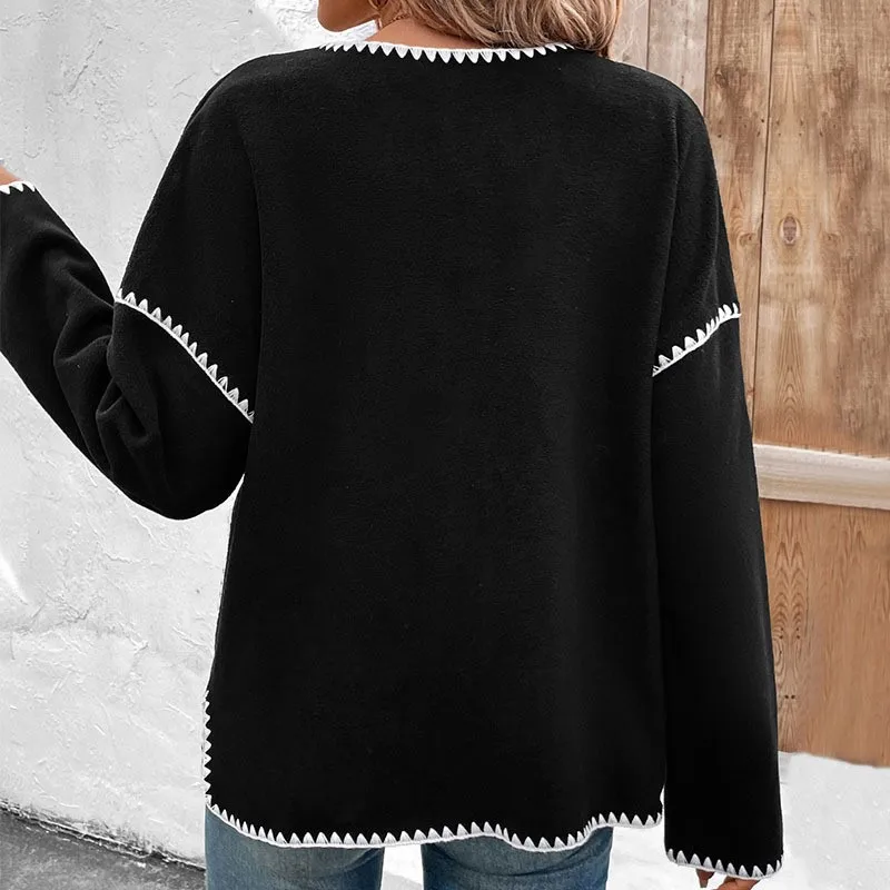 Women's Fleece Jacket Coats Spring Fall Fashion Loose Contrast Trim O Neck Long Sleeve Tops With Pockets Casual Black Coat Tops