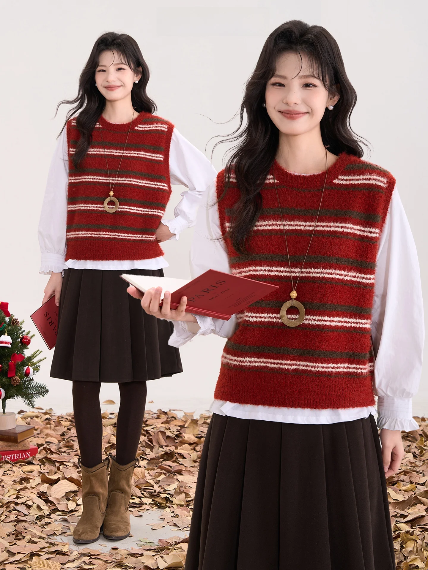 

Женский вязаный комплект из двух предметов: кофта и футболка, с полосатым узором, из искусственного меха норки, свободного кроя, повседневная одежда