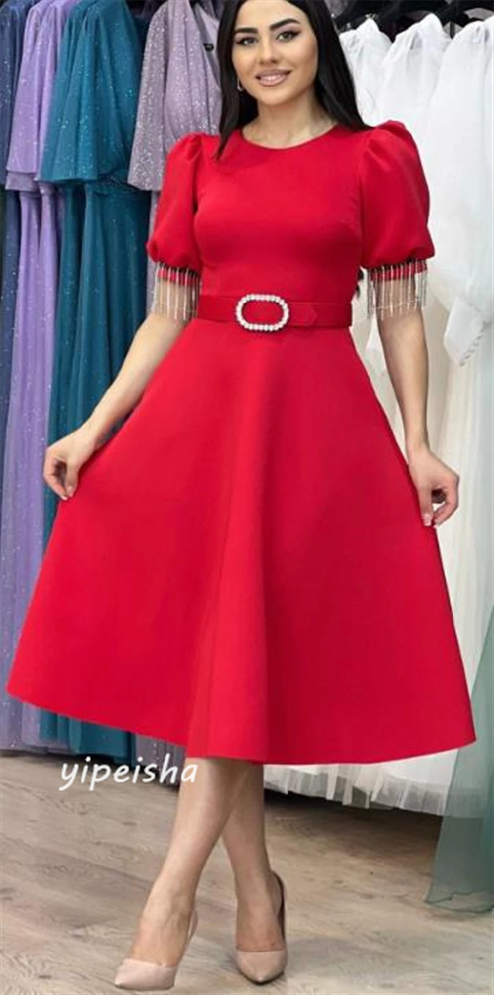 Customized Jersey Tassel Sash Beading Ruched Homecoming A-line O-Neck Bespoke Occasion Gown Midi Dresses