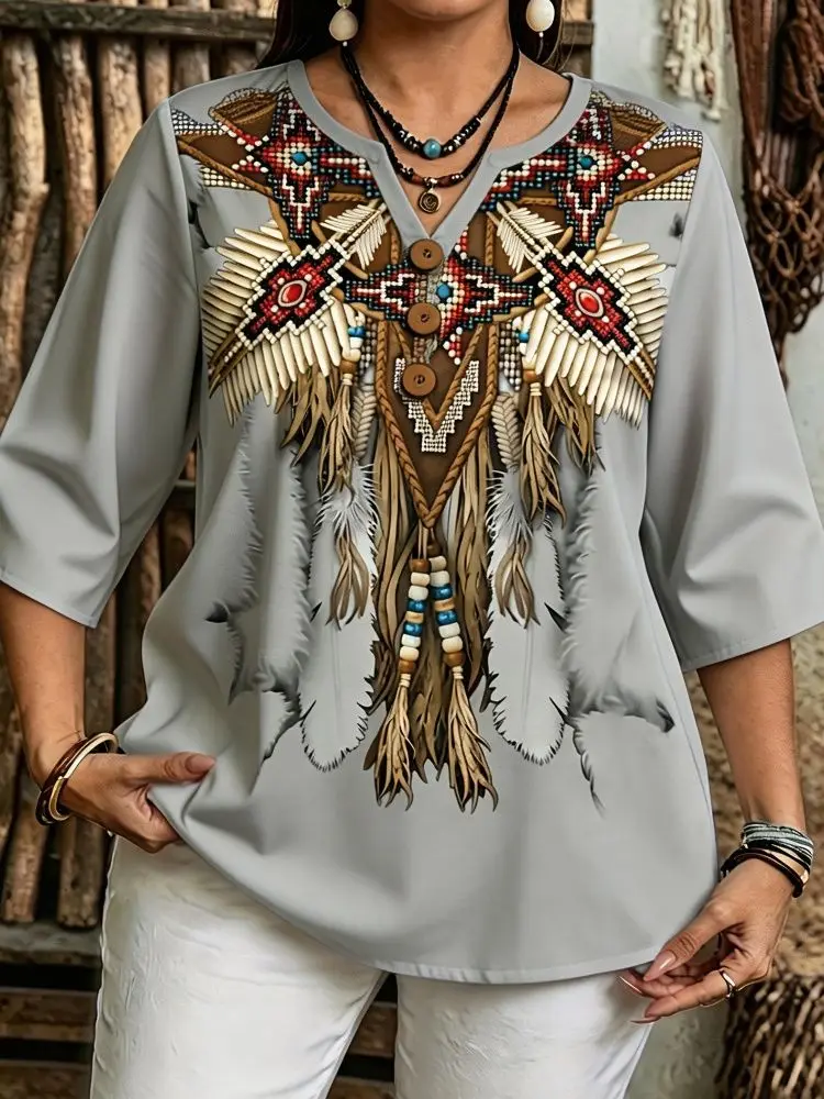 Women Owl Dreamcatcher Feather Tribal Aztec Geometric Print Blouse Notch V Neck 3/4 Sleeve Button Loose Boho Casual Top