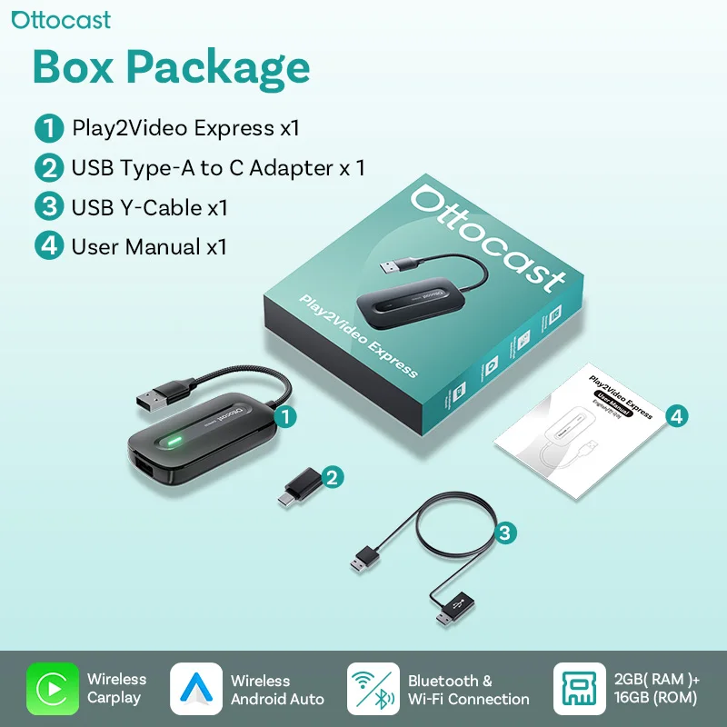 Ottocast 2026 Play2Video Express Draadloze CarPlay Adapter voor Auto AI Box Draadloze Android Auto Adapter Plug & Play YouTube Netflix Spotify IPTV Snelle verzending vanuit Frankrijk