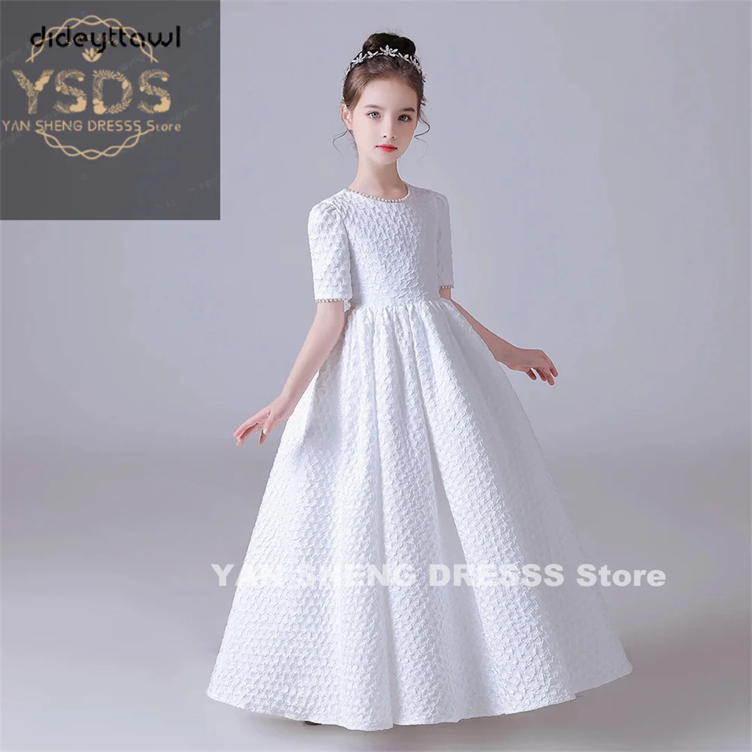 White Puff Skirt Elegant Flower Girls Dress For Wedding Party Short Sleeves Concert Junior Bridesmaid Gown