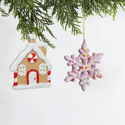 Pink Snowflakes Christmas Ornaments 2024 Home Interior Decoration Cute Resin House New year's Decoration for Christmas Tree 2025