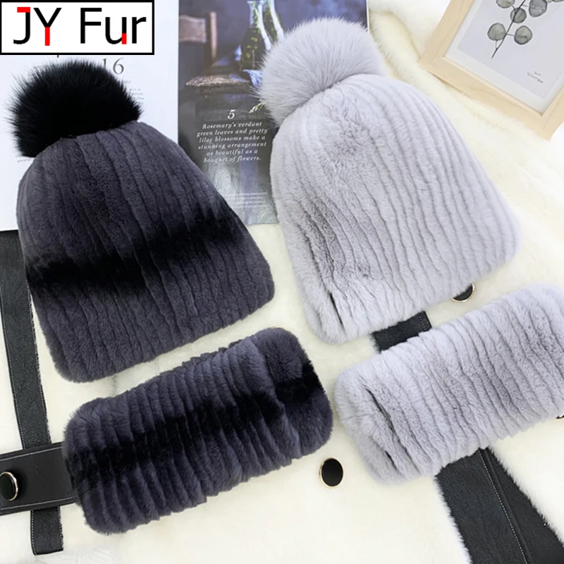 New Good Elastic Girls Natural Fur Scarves Hats Sets Winter Women Warm Real Rex Rabbit Fur Scarf Hat Set Knitted Fur Muffler Cap