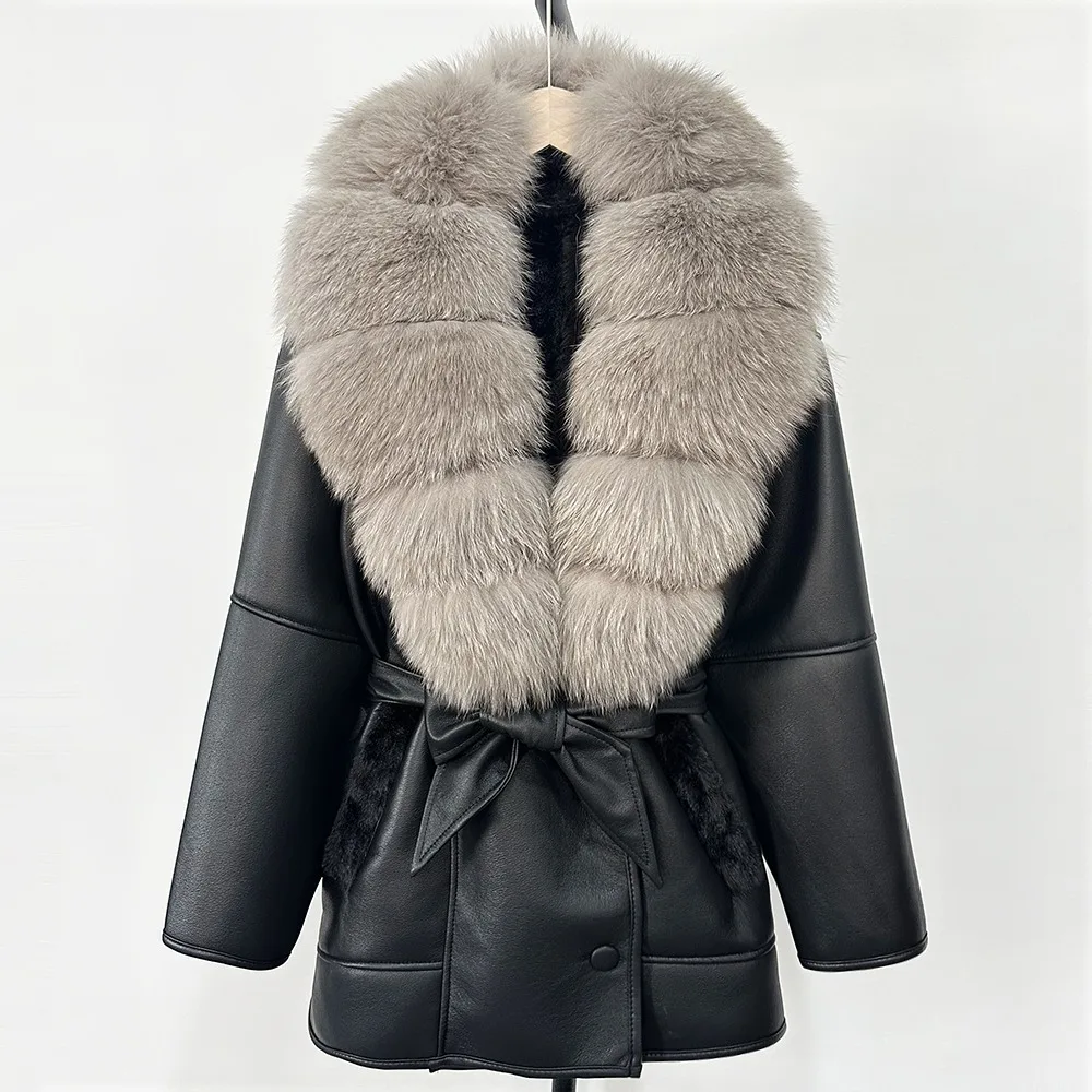 OFTBUY Real Fur Coat 2025 Women Large Natural Fox Fur Coat Thick Warm Retro Lamb Fur Jacket Belt Winter Female Parkas Outwear