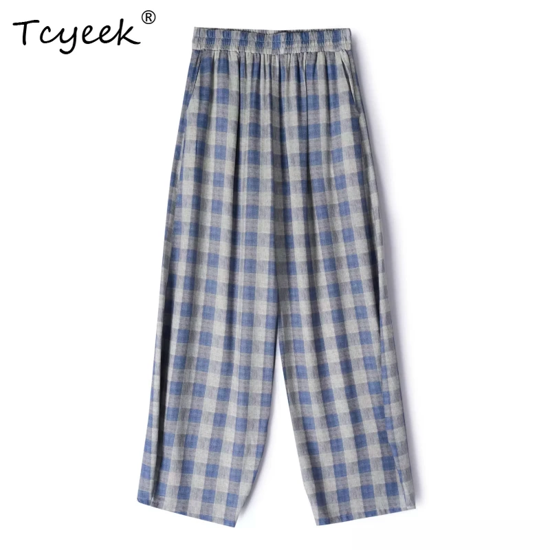 

Tcyeek 70% Mulberry Silk 30% Cotton Spring Summer Checkered Print Slimming Loose Lantern Long Women Pants Брюки Женские Летние
