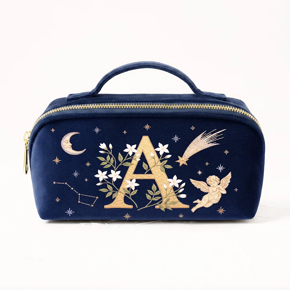 Women's Luxury Makeup Bag Navy Blue Imitation Embroidery Celestial Motifs Storage Pouch Organizer for Beauty Essentials