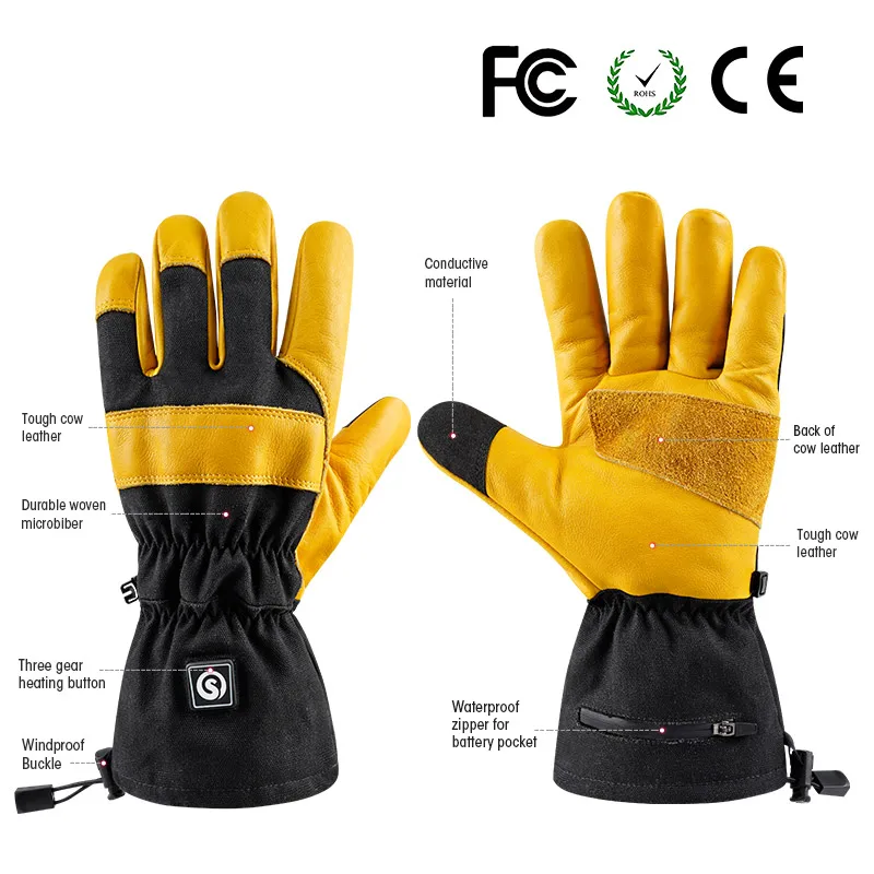 Durable Woven Winter Thermal Battery Rechargeable Custom Conductive Thread Leather Working Gloves Heated Work Gloves Ski Gloves
