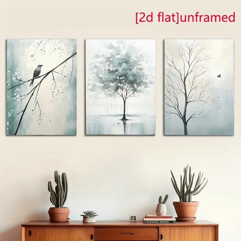 （NoFrame 3PCS)-2D Flat, 2D Flat, (2D Flat Paintings) 3-Pack Unframed Wall Art Decor, Nordic Minimalist Tree Pattern Prints, P