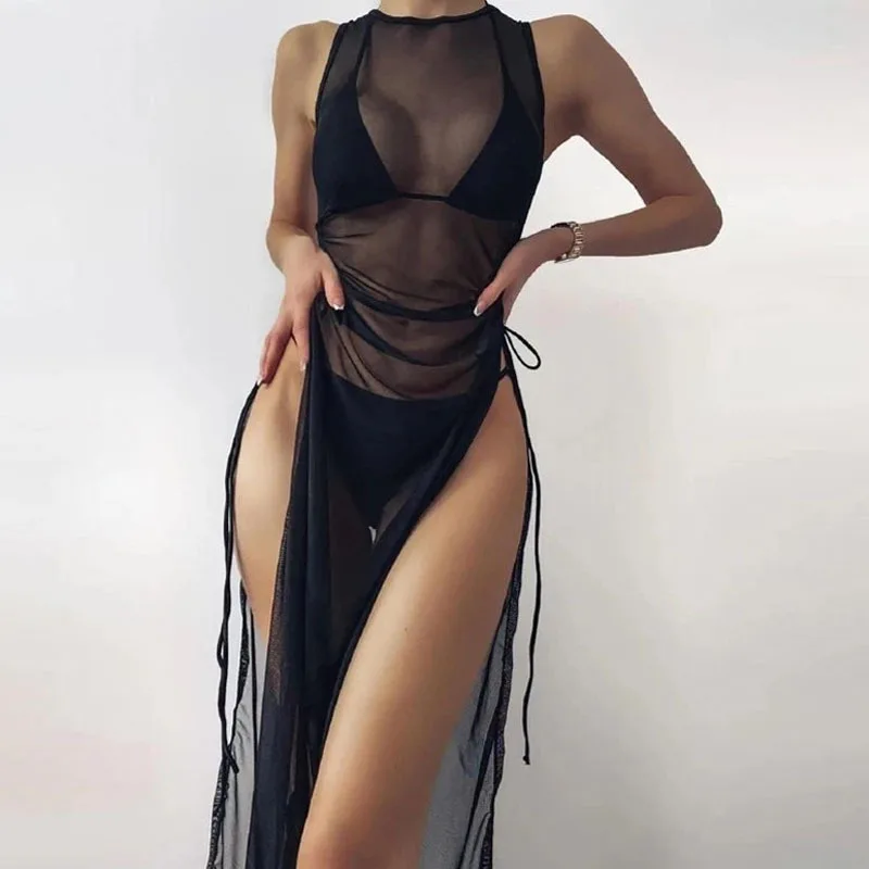 Women Sexy Bikini 3 Piece Set Lace Up Halter Padded Bra + Thongs + See Through Mesh Split Maxi Dress Cover Ups Holiday Beachwear