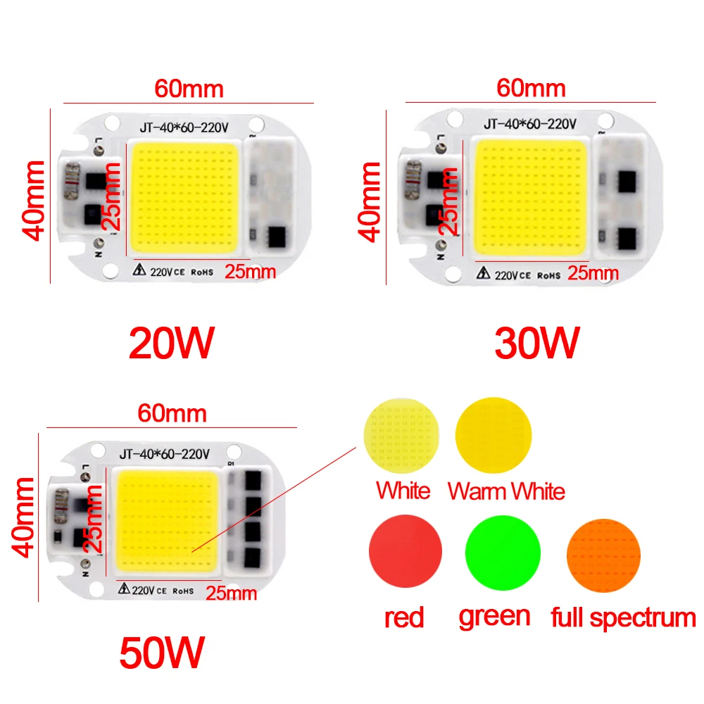 LED Chip 20W 30W 50W AC 220V COB LED Lamp Bead Smart IC No Need Driver DIY Track light Flood light LED chip Lamp Red Green Warm