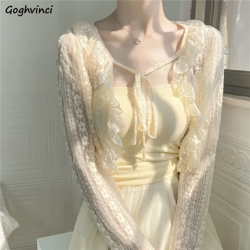 

Cropped Lace Jackets Women Sunscreen Thin Beach Style Ins Sweet Girls Tender Young Fashion Korean Vacation Long Sleeve Outerwear