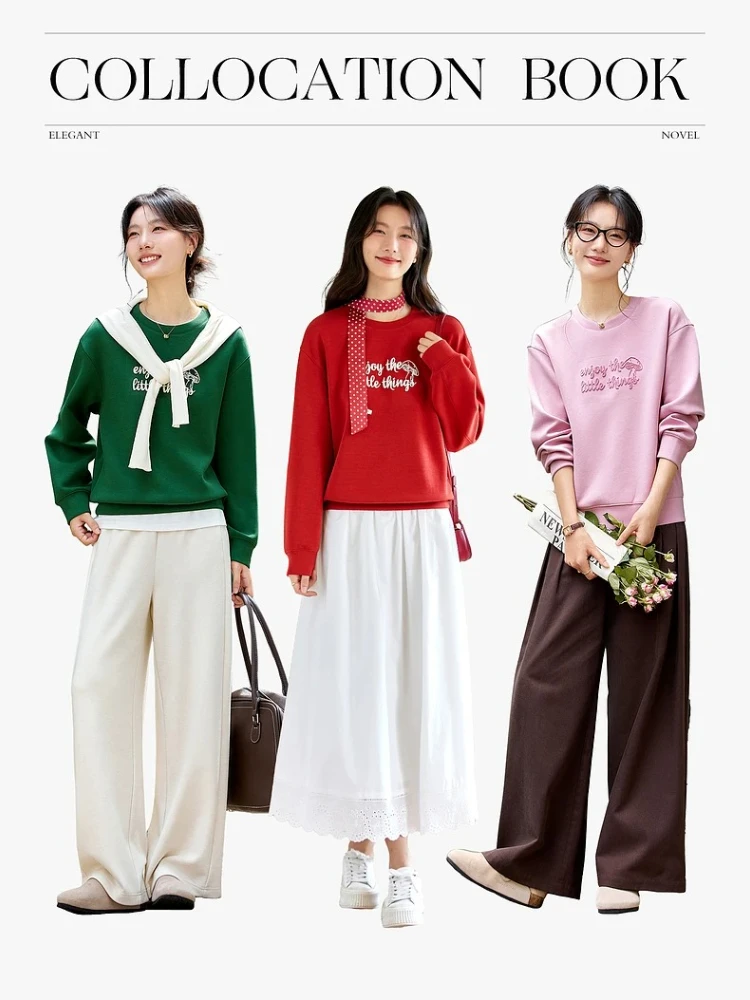 VIMLY Sweatshirts Women Fashion Autumn 2025 Casual Round Neck Loose Sweatshirt Letter Embroider Long Sleeve Knitted Tops A2106