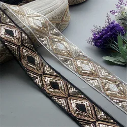 1 Yards White Black 45mm Ethnic Gold Thread Sequins Webbing Ribbon Tape Shoes Dress Embroidered Lace Trims DIY Sewing Accessorie