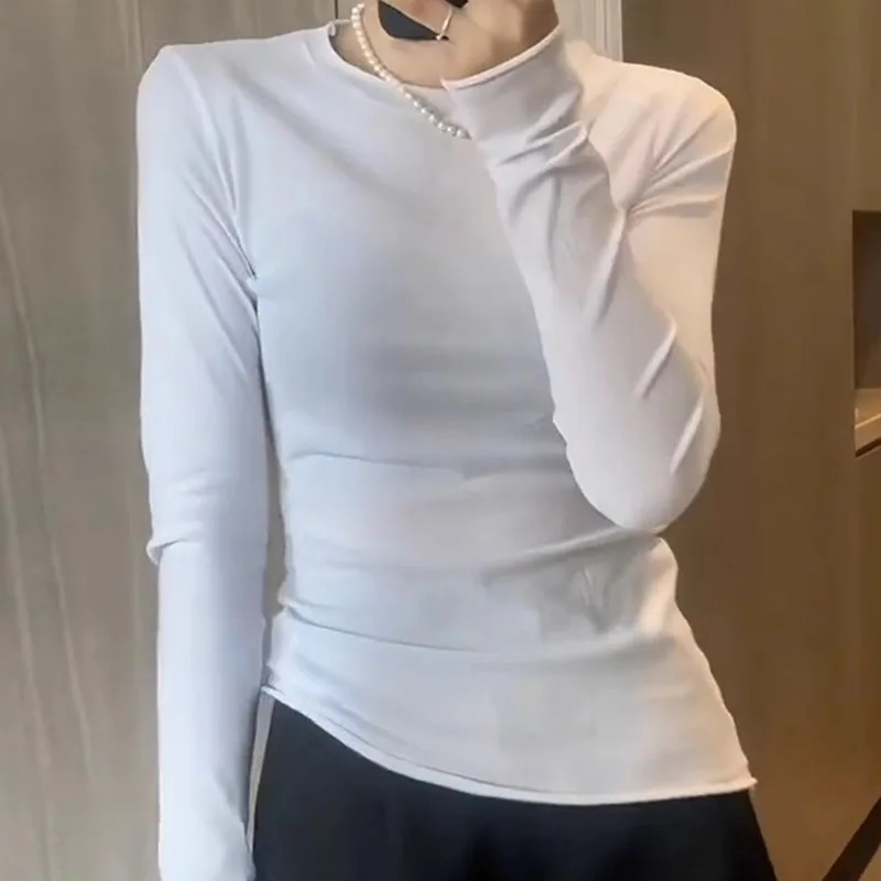 

Женская блузка-рубашка Новая тонкая блузка с длинным рукавом Женские топы Блузки Рубашки Blusas Para Mujer Белый Черный с круглым вырезом Q2557