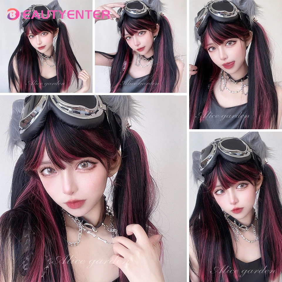 BEAUTYENTER Synthetic Wig Red Deep Straight Wig With Bangs For Women Long black Hair Layered Heat Resistant Cosplay Party