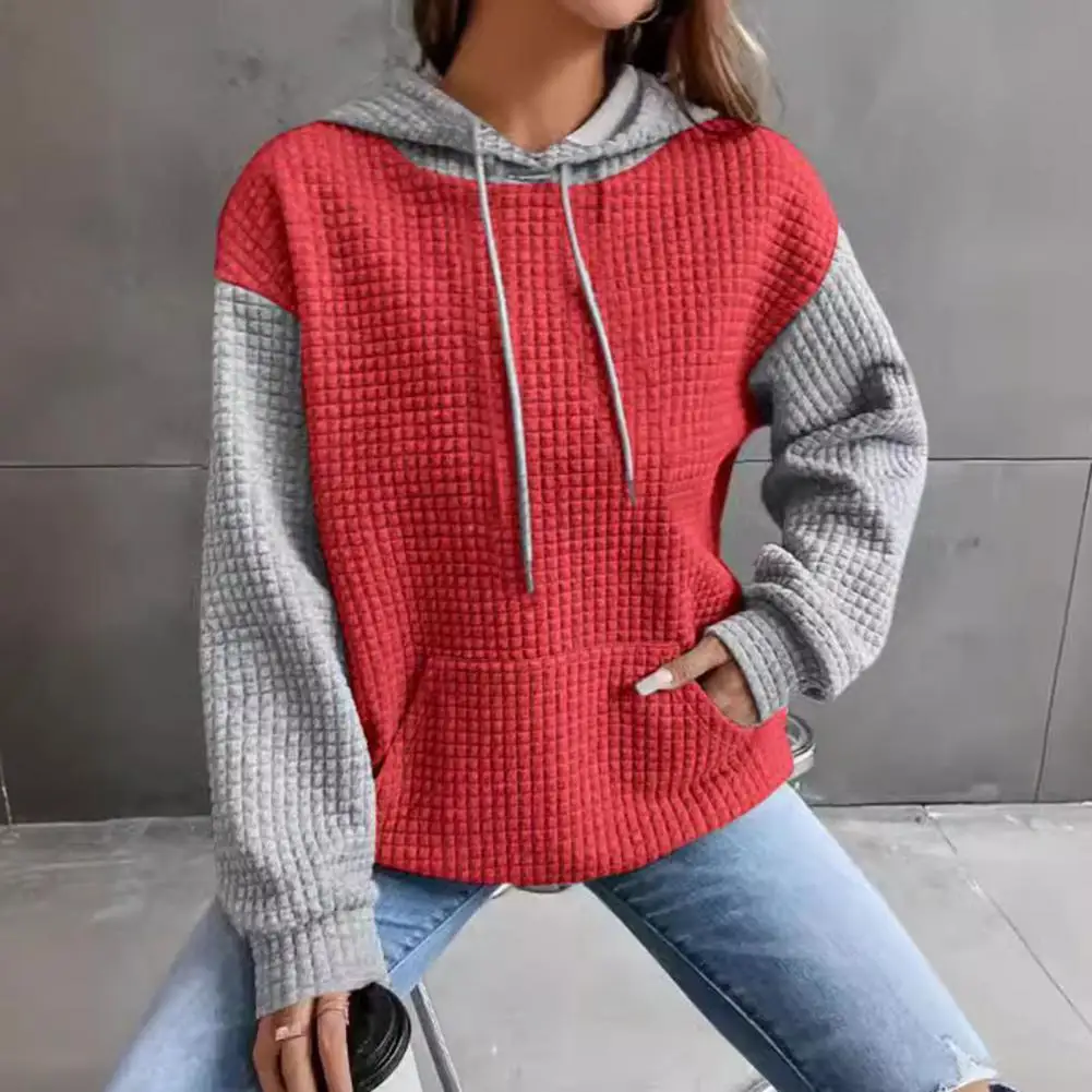 Sudadera con capucha cálida para mujer, Sudadera con capucha con cordón, Bolsillo grande, textura de gofre, Jersey largo sin mangas para diario, Top de otoño e invierno