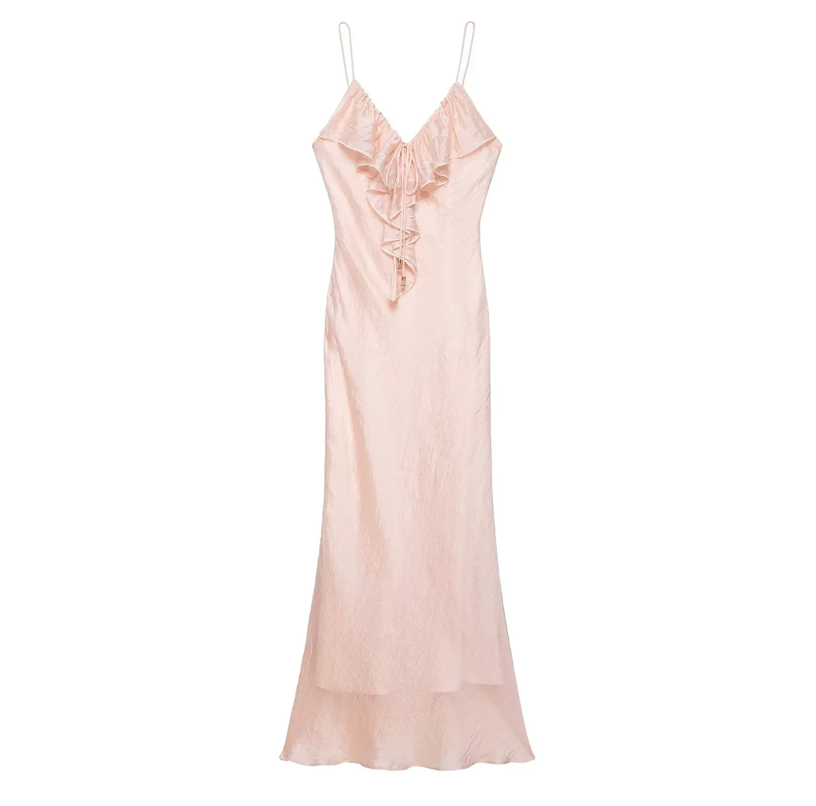 

BM&MD&ZA Women's Elegant Sexy V - neck Sleeveless Spaghetti Strap Midi - length Straight - cut Dress with Layered Ruffled
