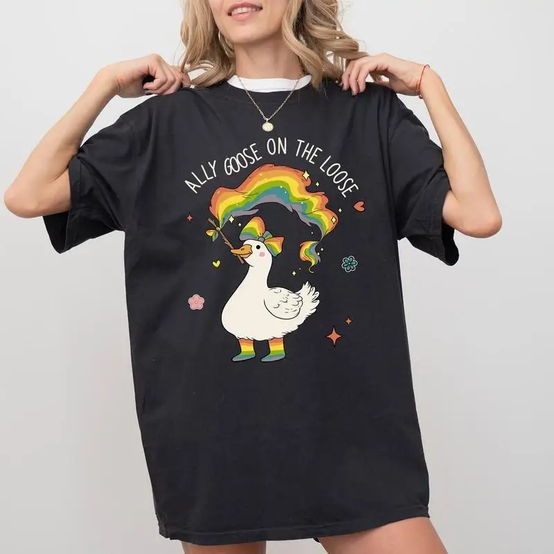 

Ally Goose On The Loose T-Shirt, LGBTQ+ Pride Rainbow Goose Graphic Tee, Unisex Inclusivity Support Gift Top