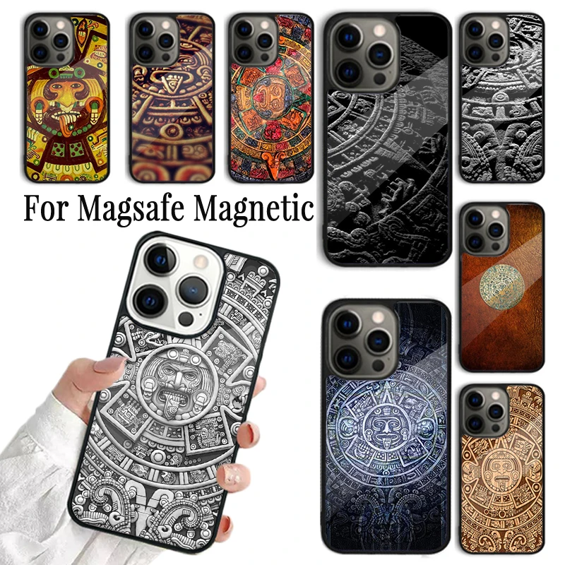 Phone Case For iPhone 16 15 14 13 12 Mini 11 Pro Max Plus Magsafe Magnetic Wireless Charging Cover Mayan Calendar Wood Pattern