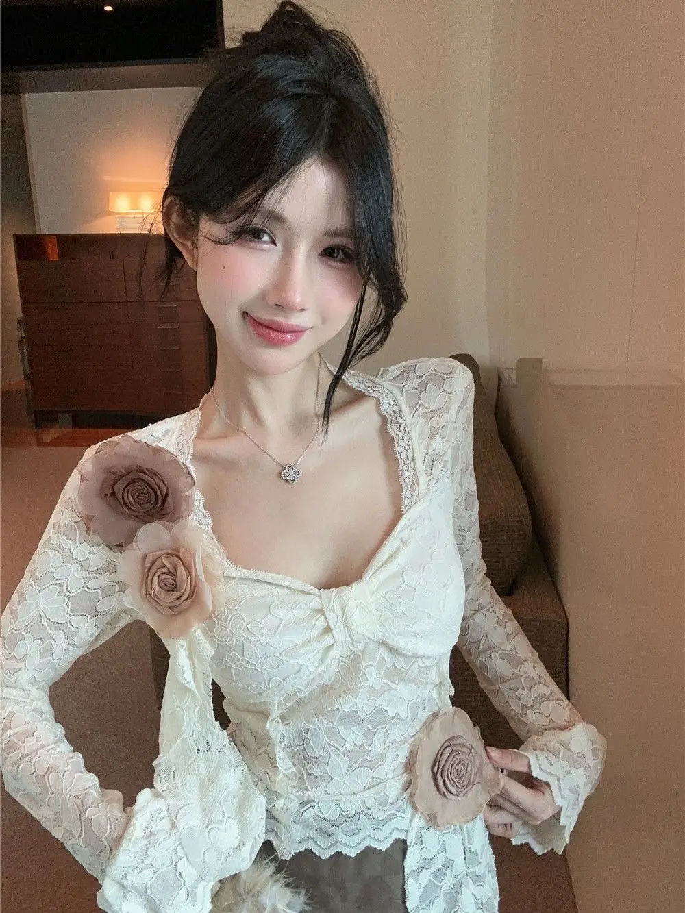 Lace Ruffle Edge Hollow Out Design Niche Top Thin Shirt