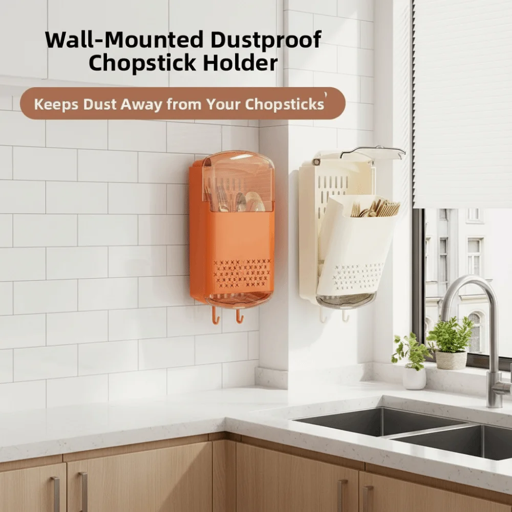 

Punch-free Chopstick Storage Box with Dust Cover Dustproof Chopstick Fork Spoon Organizer Thick Space Saving