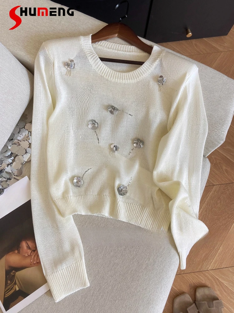 

2025 Autumn New Women's Pullover Trendy Long Sleeve Sweaters Fashion Sequin Flower Knitwears Round Neck Long Sleeve Knitted Tops