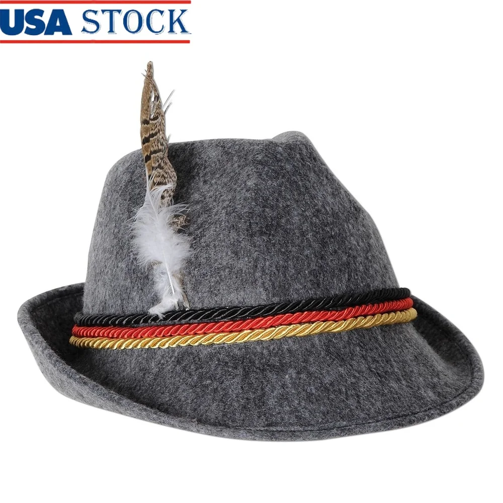 Sombrero alpino alemán, suministros para fiesta de Oktoberfest con plumas y bandas de cuerda, talla única, se adapta a la mayoría de los accesorios de disfraces para adultos