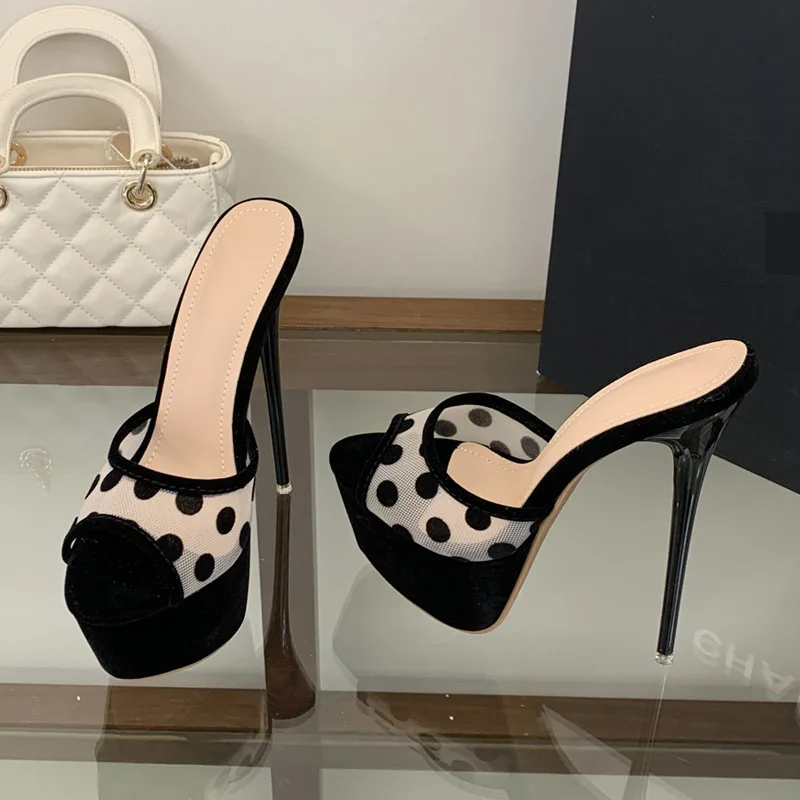 

Aneikeh Fashion Bohemian style Polka Dot Breathable Mesh Open Toe Woman Slippers Sexy Stiletto High Heels Banquet Slide Shoes