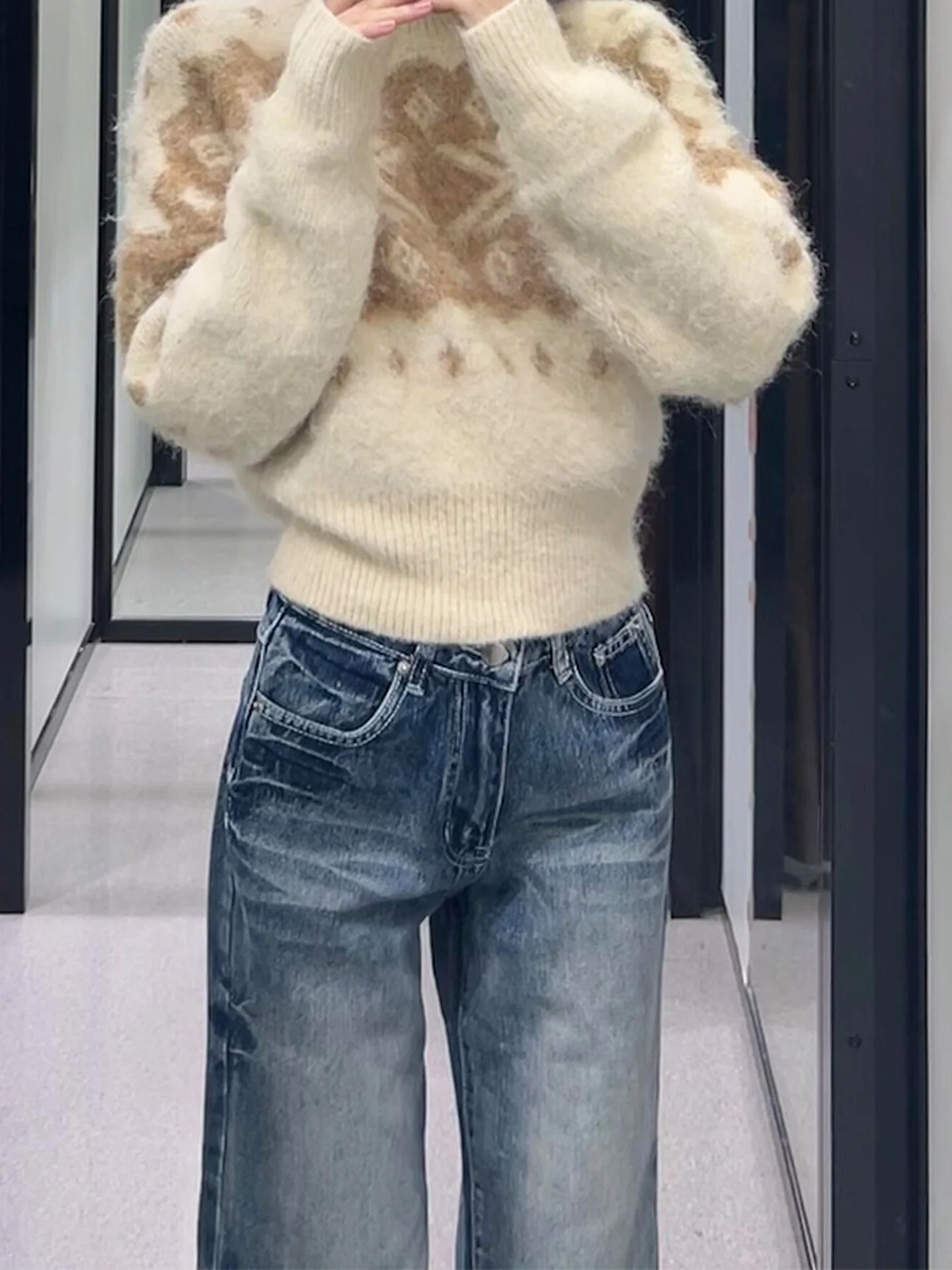 Cintura alta sino bot denim jeans feminino outono inverno thiened retro waed design sentido americano sle solto ajuste jeans