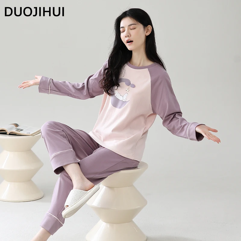 DUOJIHUI Classic Contrast Color Loose Female Pajamas Set Basic Long Sleeve Pullover Simple Casual Pant Fashion Pajamas for Women