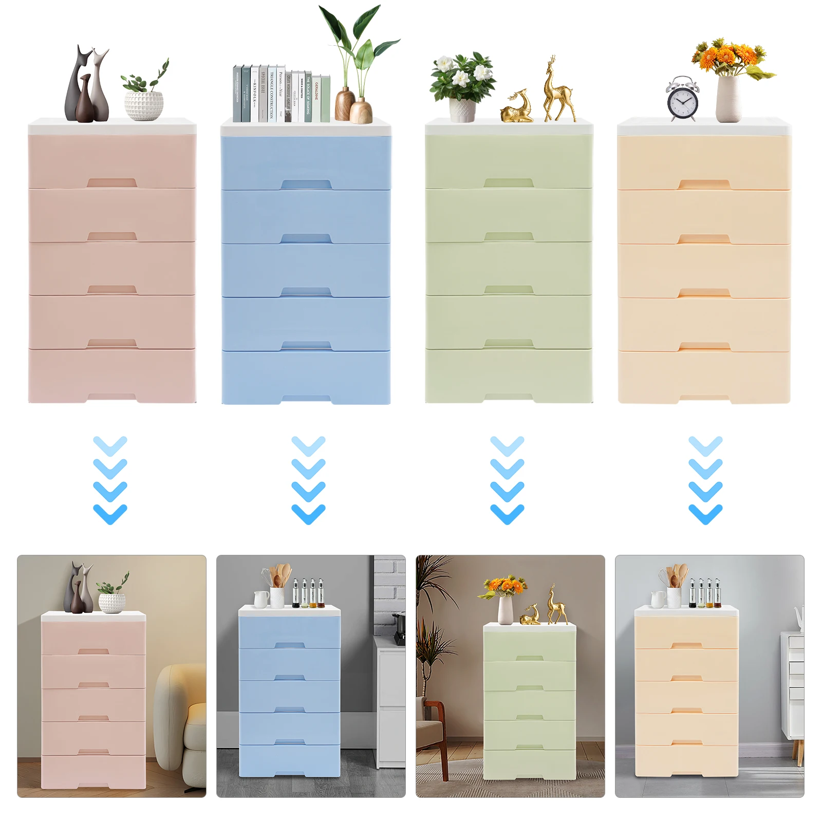 

43.5*29*80cm PP Drawers Dresser,Pink/Yellow/Blue/Green Rectangular Storage Cabinet with 5 Drawers Floor Standing for Bedrooms