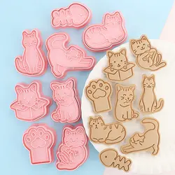 8Pcs/set Cat Cookie Cutters Plastic 3D Cartoon Pressable Biscuit Mold Cookie Stamp Kitchen Baking Pastry Bakeware Tool