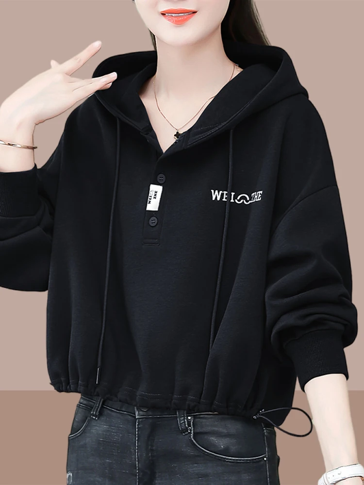 

Модная женская толстовка с капюшоном на весну-осень, свободного кроя, повседневная, молодежная, в корейском стиле, с длинным рукавом, маленький размер