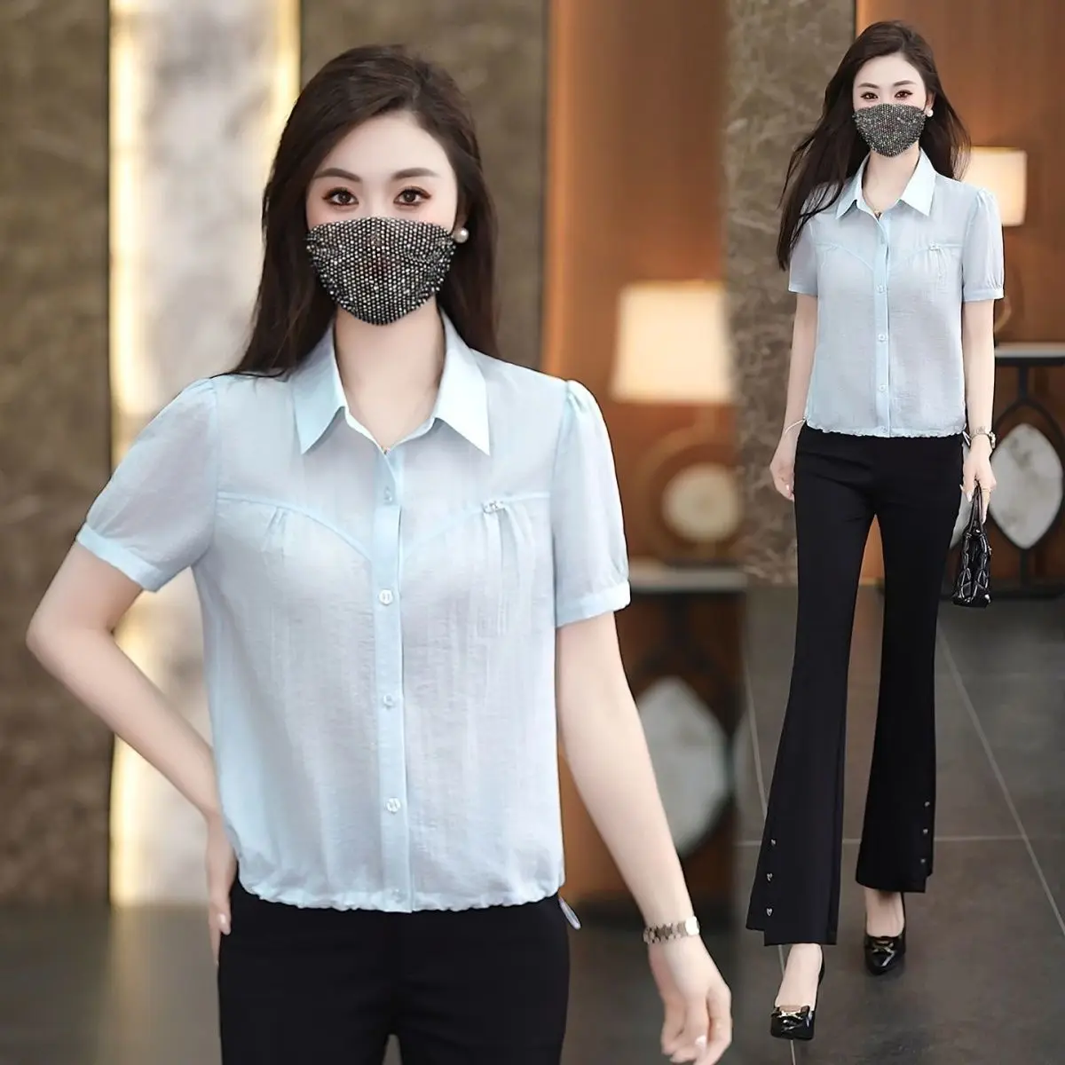 

Fashionable Short Sleeve Slim Fit Shirt Women's Summer Thin Shirt Casual Style Straight Cut Polyester Fiber Breathable Slimmi...