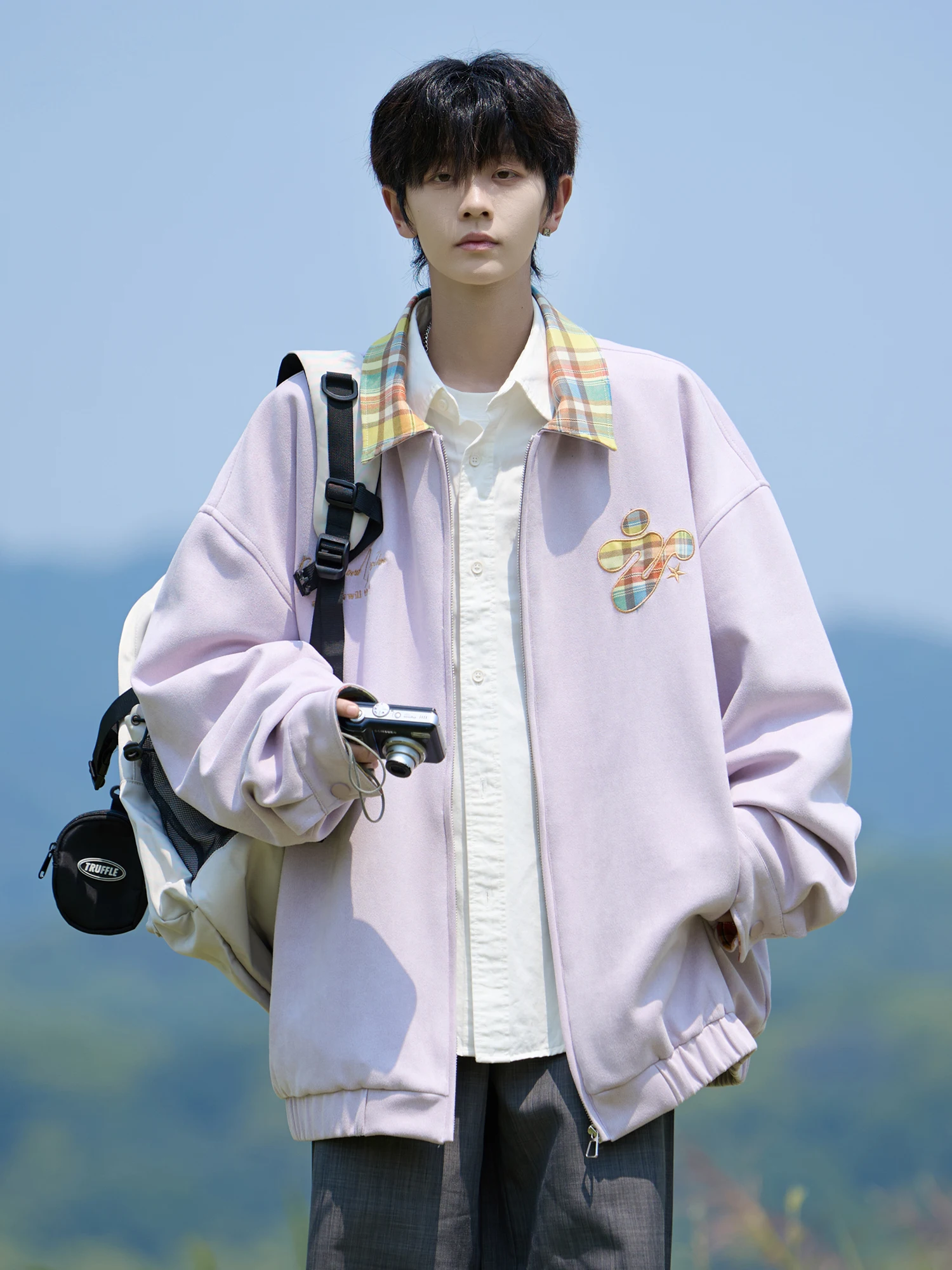 American Style Plaid Patchwork Lapel Black Purple Jacket Men's Spring Autumn New Loose Casual Daily Apricot Jacket